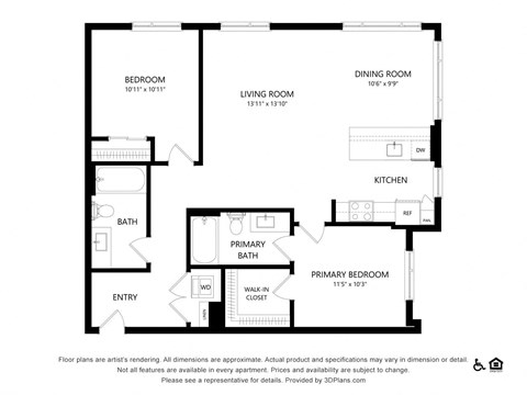 Floor plan for 2 beds, 2 baths, 1105 sqft